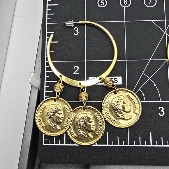 VTG Gold Coin Napoleon Empereur Dangle Hoop Post Earrings 3" Statement 1980s - Picture 6 of 10